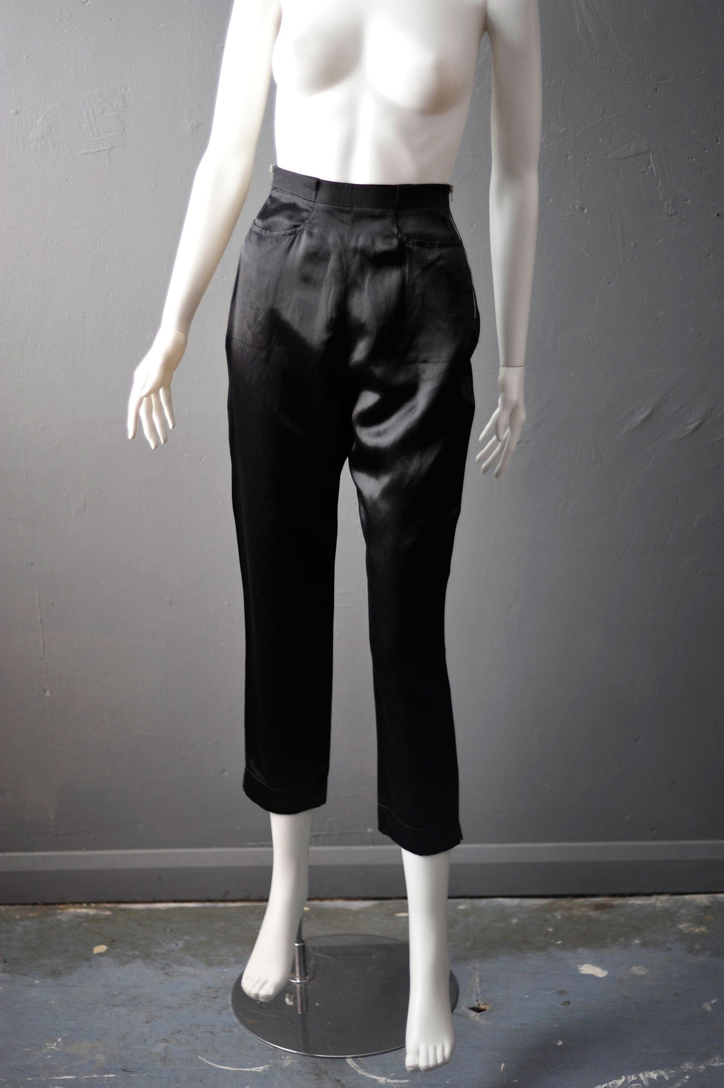 90s Black Satin Capri Trousers by Michel Klein, Size Petite