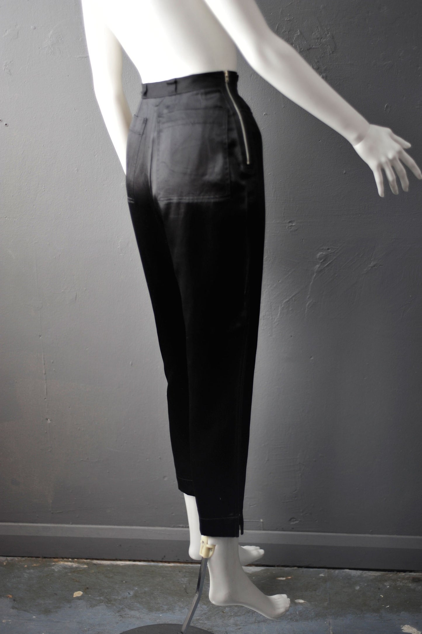 90s Black Satin Capri Trousers by Michel Klein, Size Petite