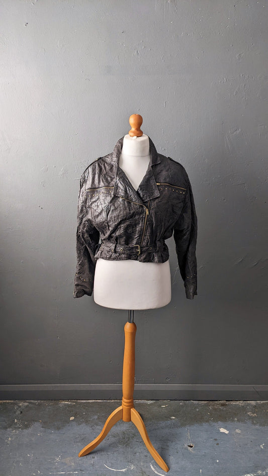 80s Cropped Leather Biker Jacket, Short Patchwork Batwing Coat, Size Medium