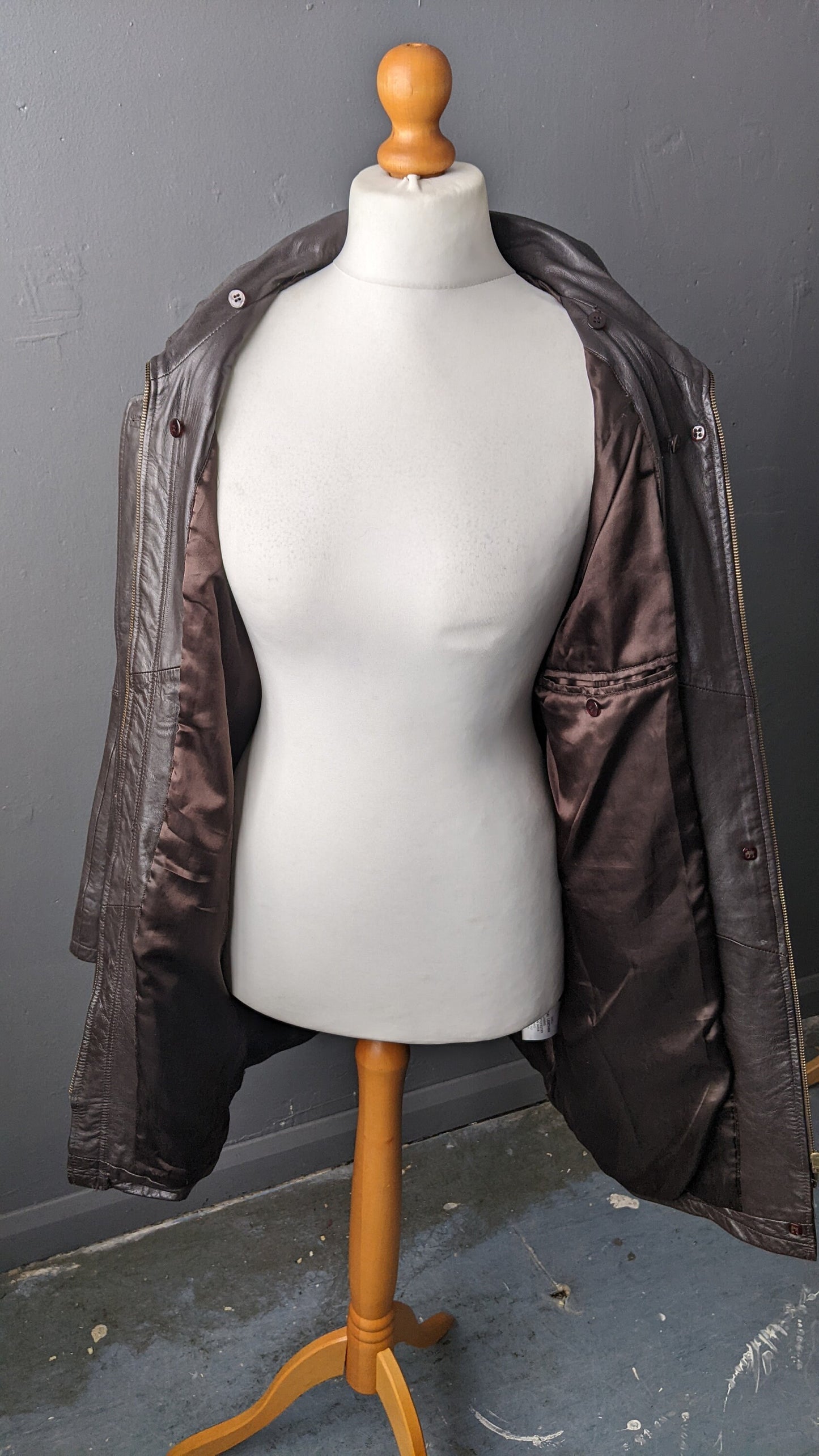 90s Oversized Leather Parka, Dark Brown Hip Long Coat, Size Medium Large