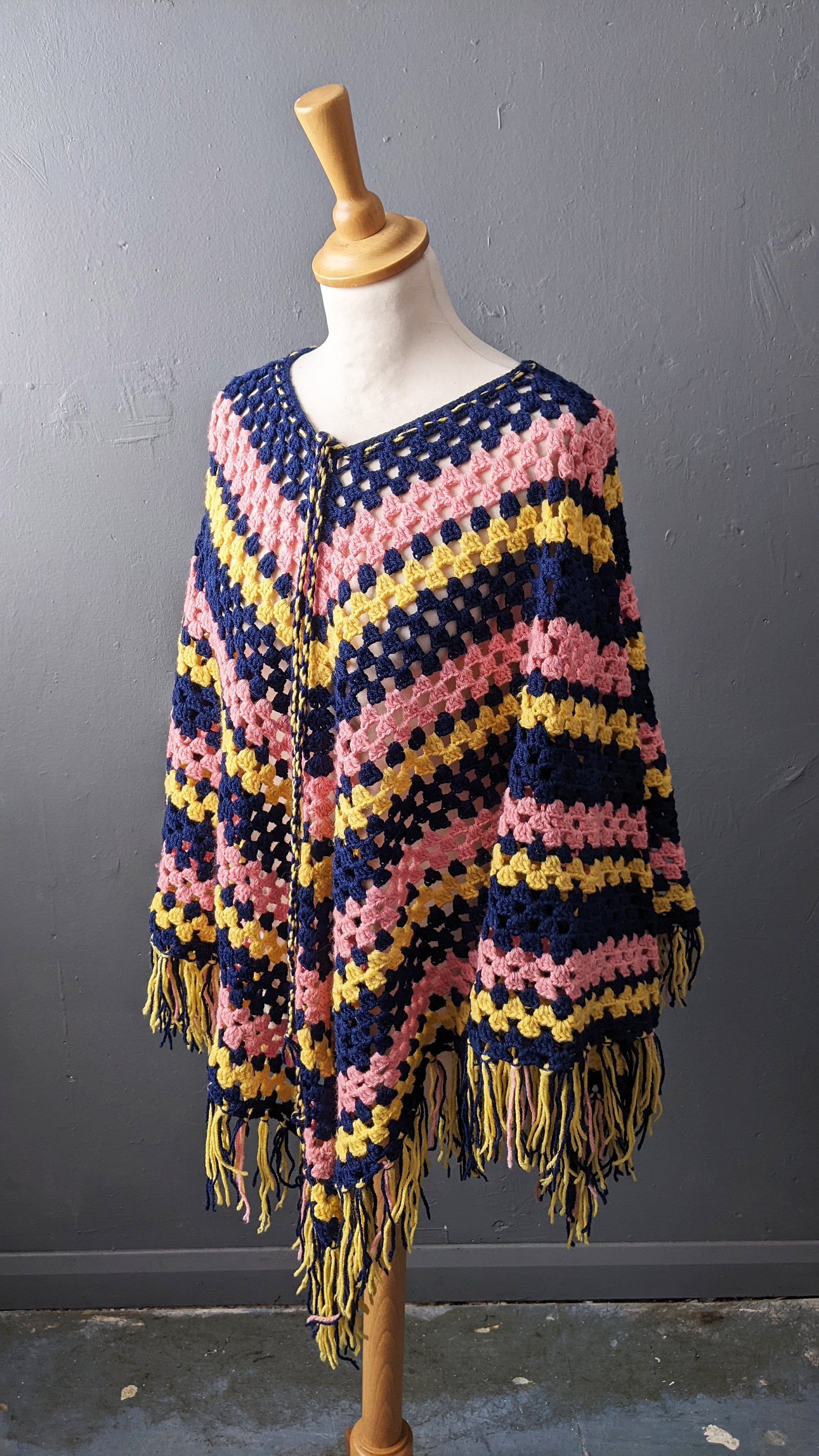 Vintage 70s Multicoloured Stripe Crochet Poncho, One Size