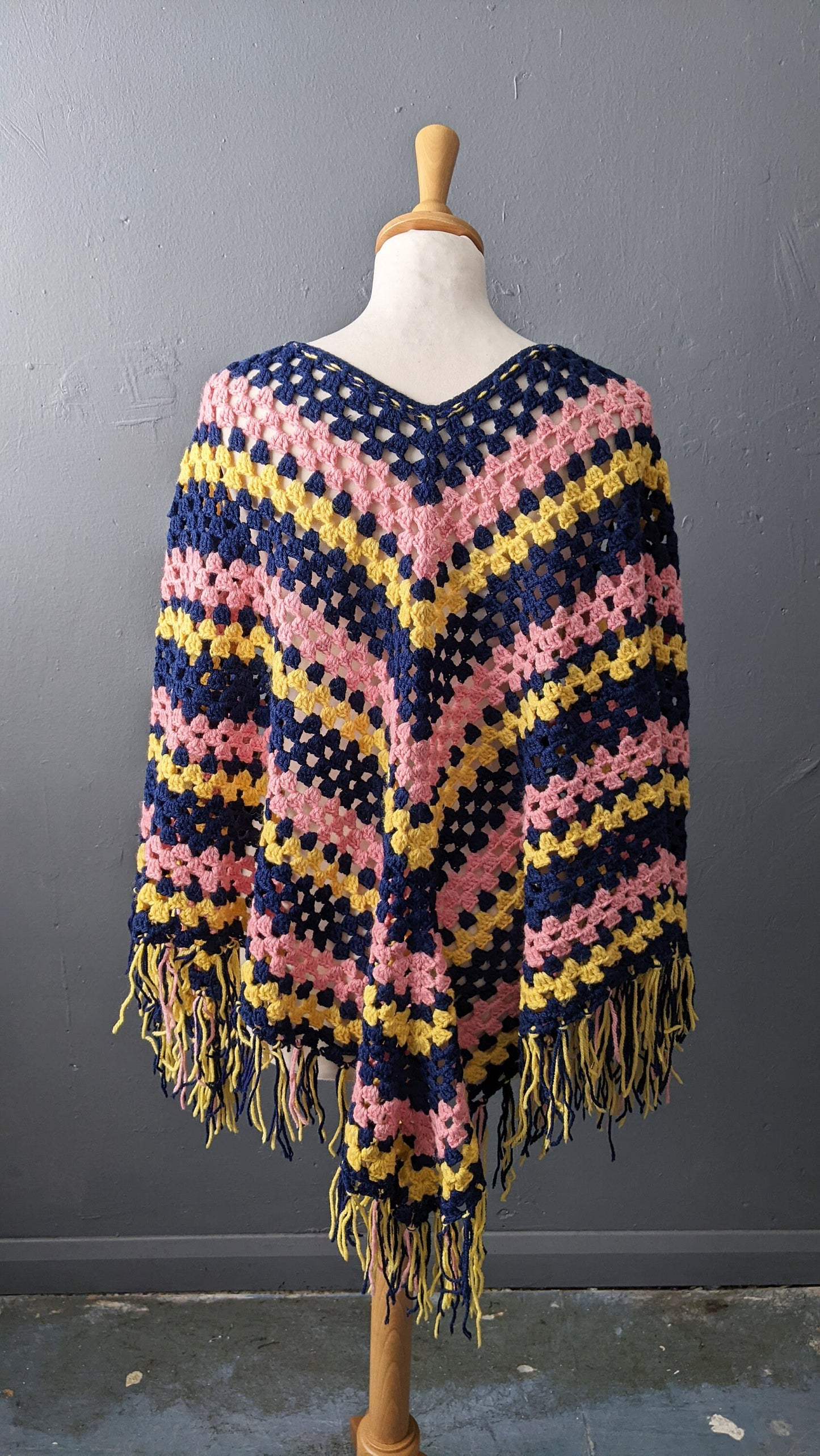 Vintage 70s Multicoloured Stripe Crochet Poncho, One Size