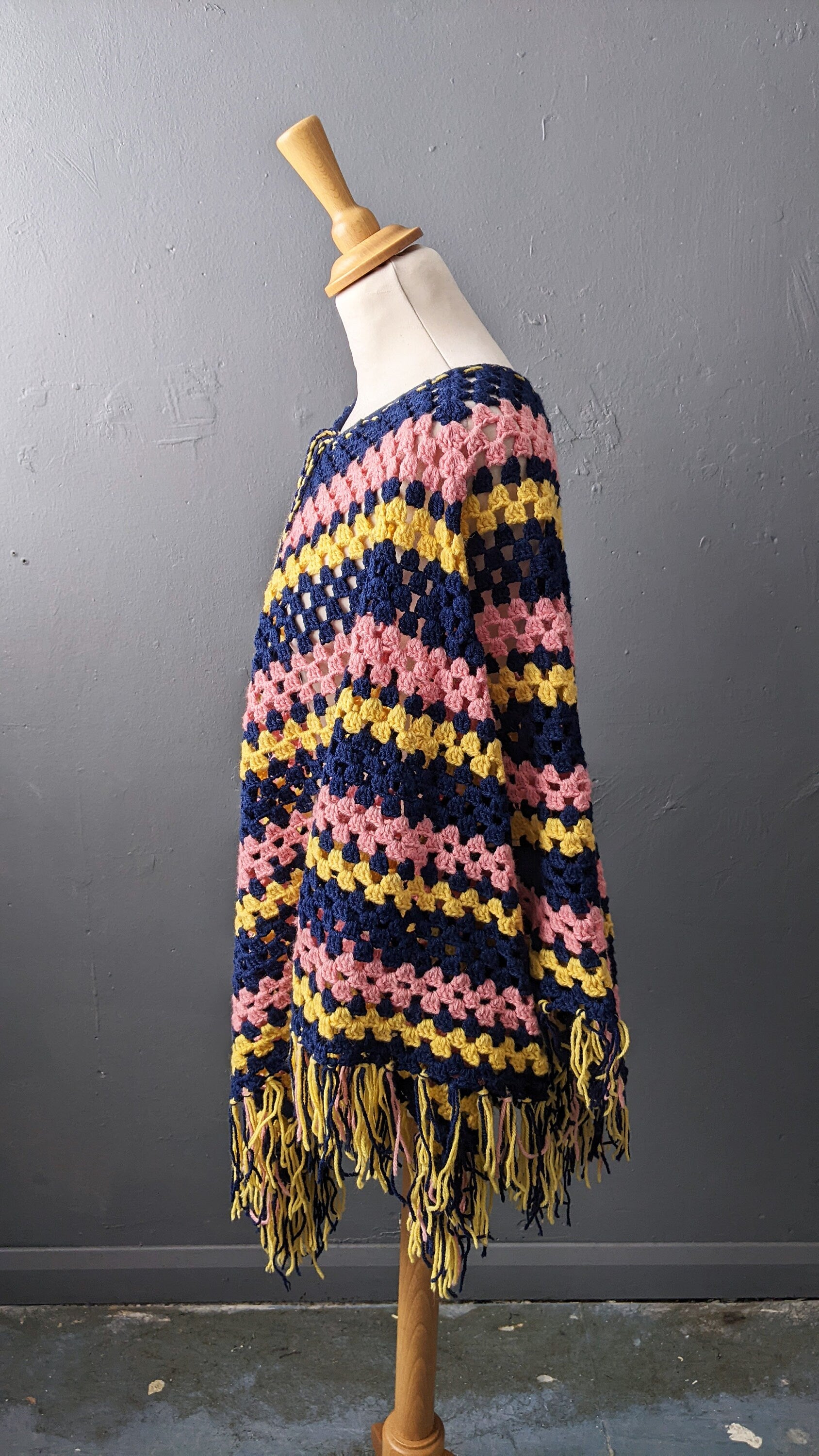 Vintage 70s Multicoloured Stripe Crochet Poncho, One Size