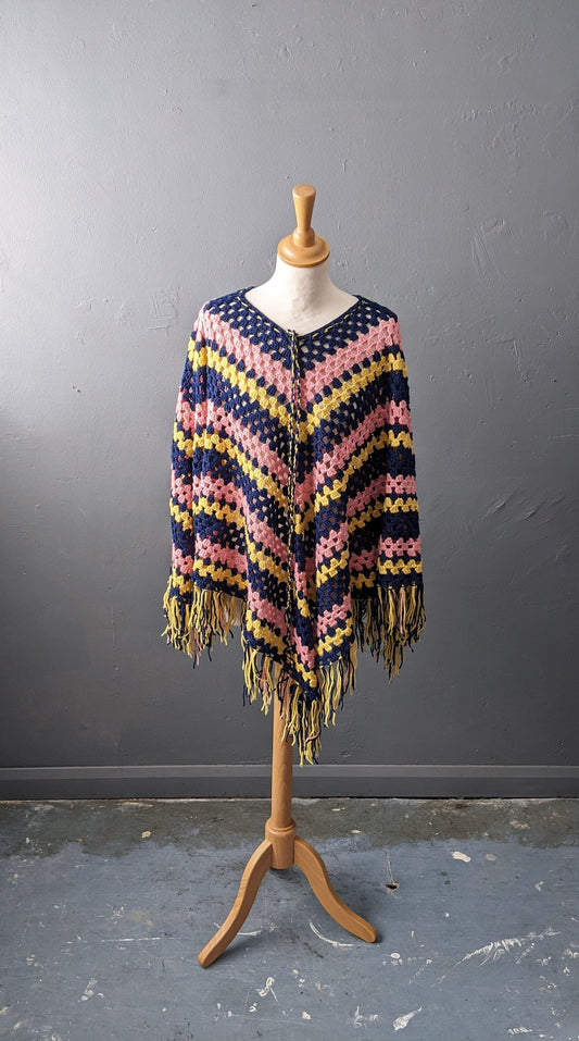 Vintage 70s Multicoloured Stripe Crochet Poncho, One Size