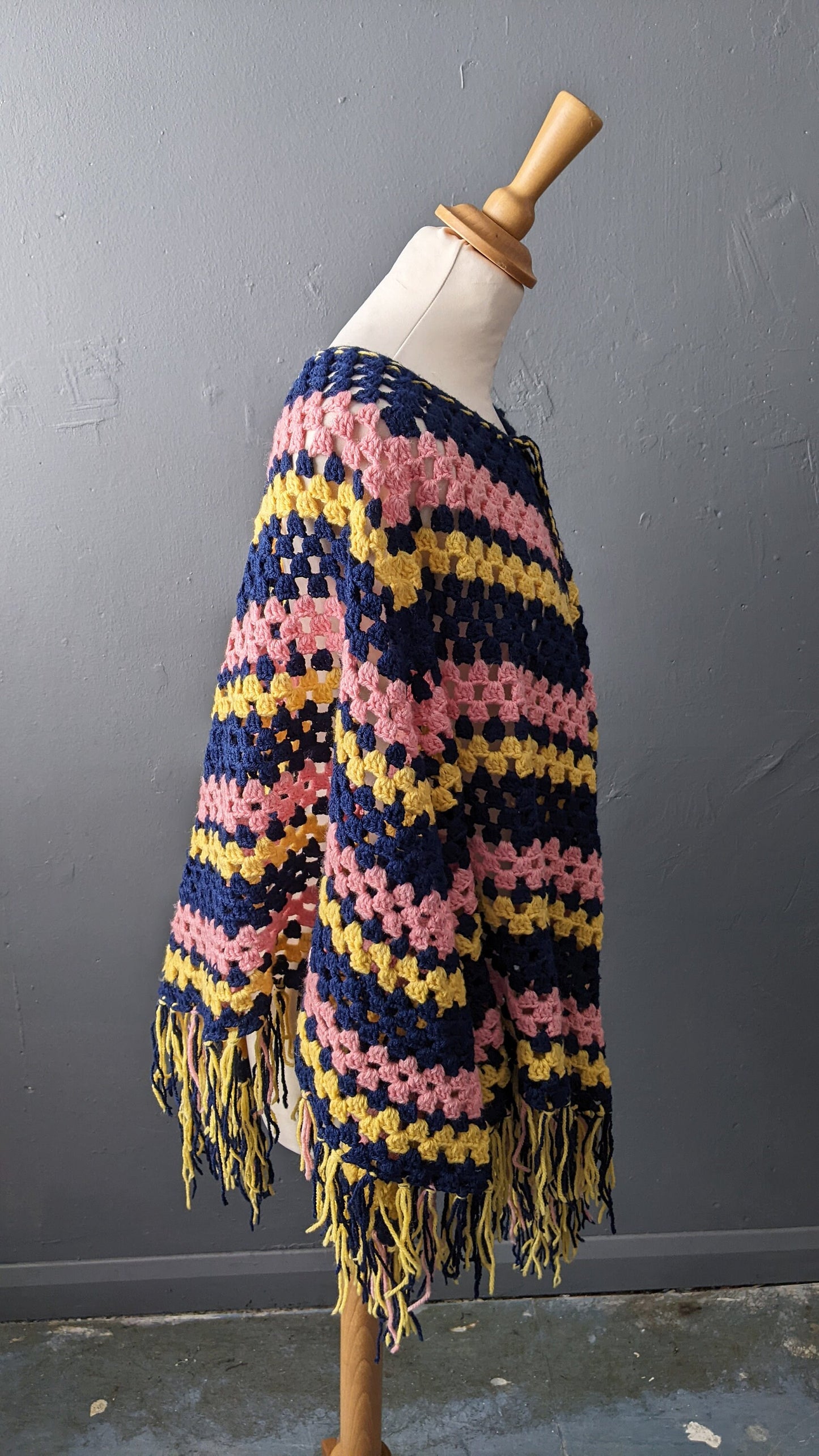 Vintage 70s Multicoloured Stripe Crochet Poncho, One Size