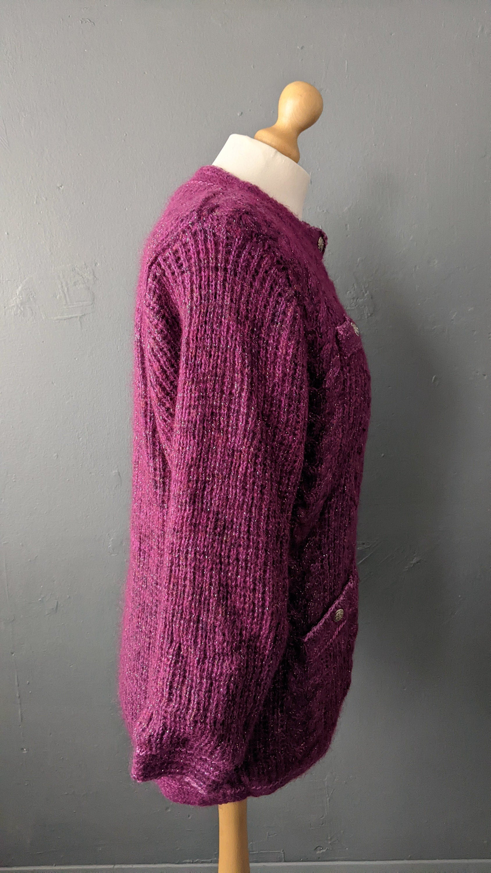 90s Magenta Cable Knit Cardigan, Oversized Chunky Coatigan, Size Medium Large