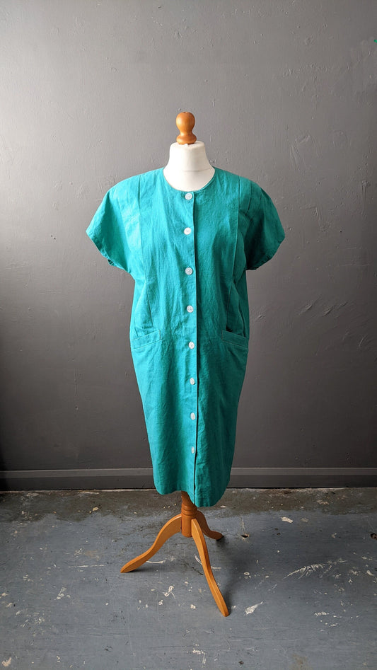 80s Jade Green Linen Cotton Dress, New Wave Minimalist, Size Medium