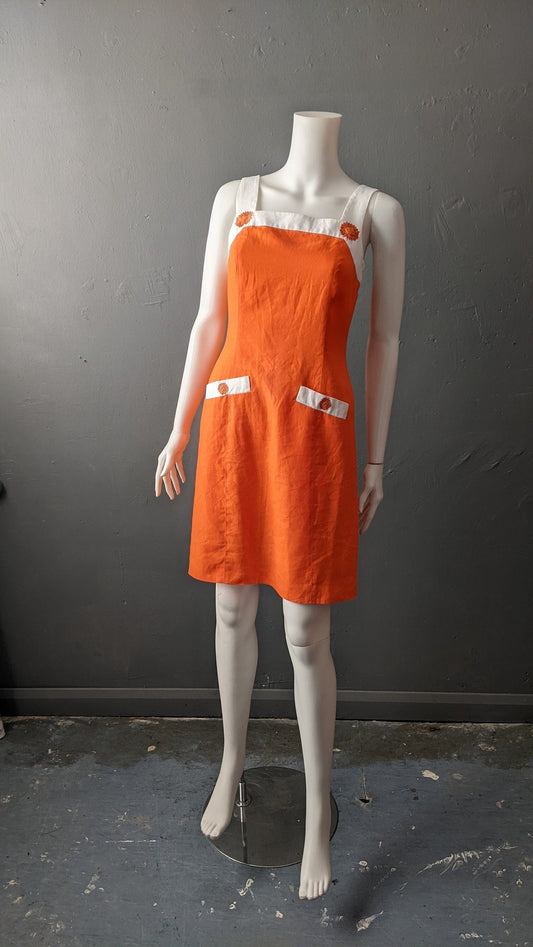 90s Sixties Style Shift Dress by Escada Margaretha Ley, Embroidered Linen Sundress, Size Petite Small