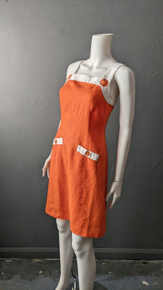 90s Sixties Style Shift Dress by Escada Margaretha Ley, Embroidered Linen Sundress, Size Petite Small