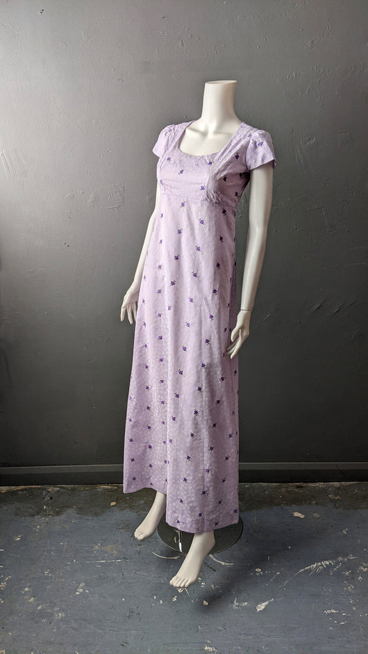 70s Lilac Maxi Dress, Flocked Flowers Empire Waist, Size Small