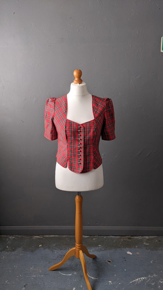 Red Tartan Trachten Jacket with Short Sleeves, Summer Alpine Oktoberfest, Size Medium