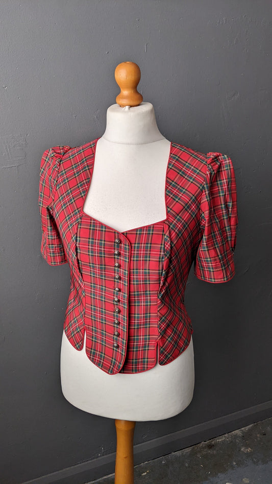 Red Tartan Trachten Jacket with Short Sleeves, Summer Alpine Oktoberfest, Size Medium