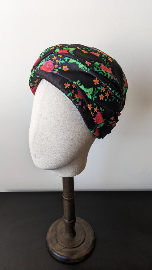 70s Black Turban Hat with Multicoloured Floral Print, Seventies Bohemian, Size Medium