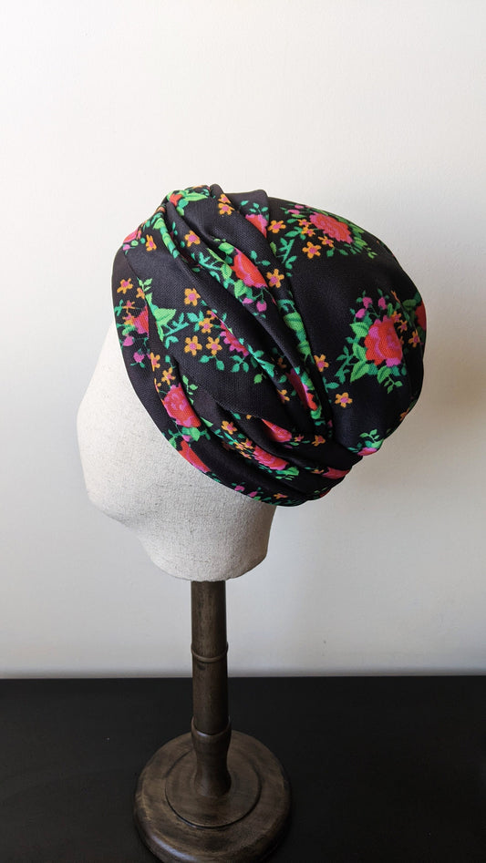 70s Black Turban Hat with Multicoloured Floral Print, Seventies Bohemian, Size Medium