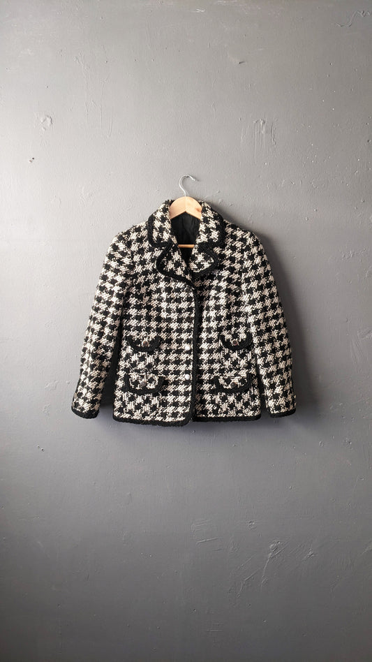 90s Houndstooth Tweed Wool Jacket in Black and White, Designer Inspired Coat, Size Small