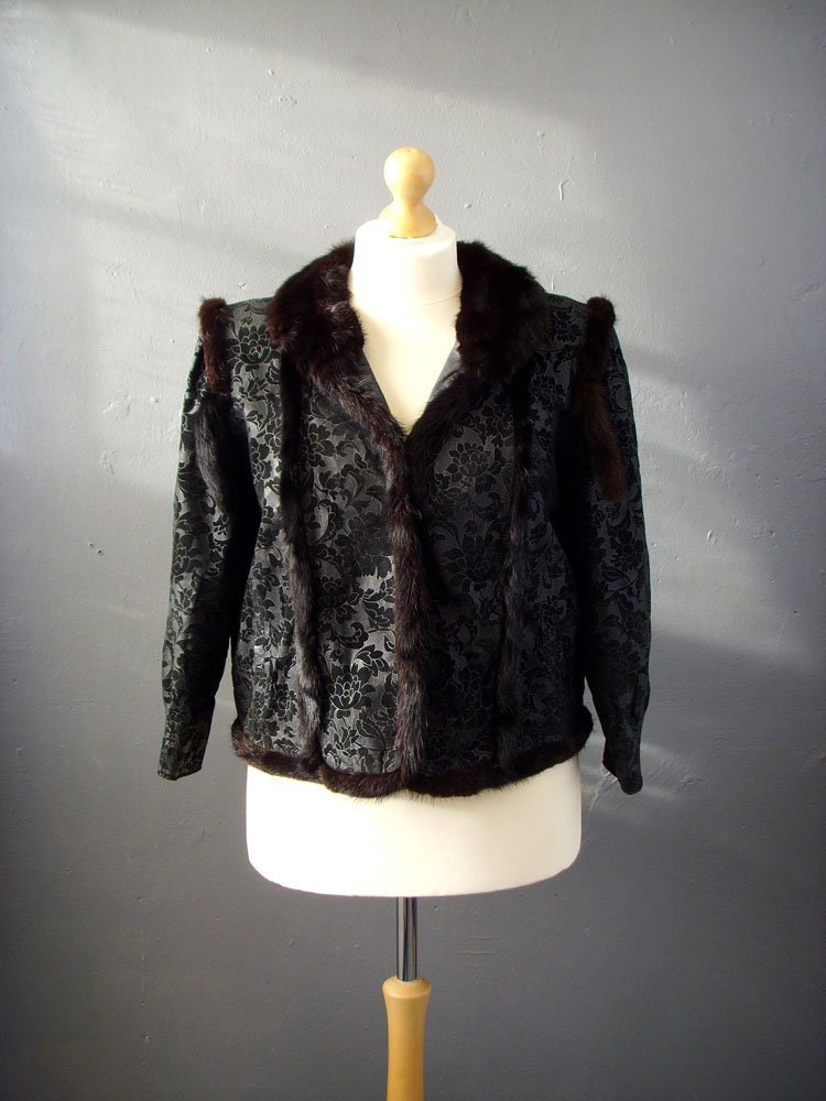 Mink Fur Trimmed Jacket, Vintage Floral Leather Short Coat, Plus Size