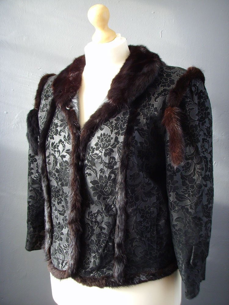 Mink Fur Trimmed Jacket, Vintage Floral Leather Short Coat, Plus Size