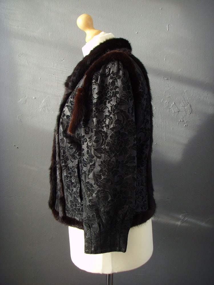 Mink Fur Trimmed Jacket, Vintage Floral Leather Short Coat, Plus Size