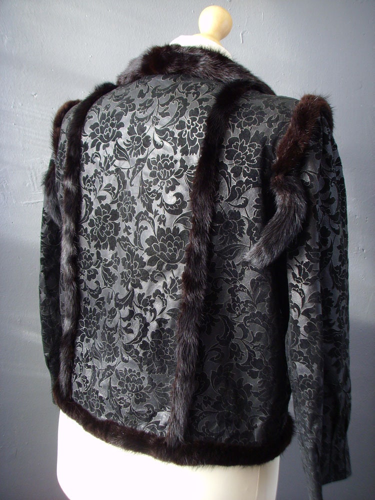 Mink Fur Trimmed Jacket, Vintage Floral Leather Short Coat, Plus Size