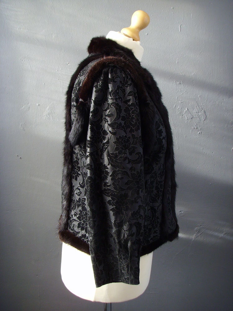 Mink Fur Trimmed Jacket, Vintage Floral Leather Short Coat, Plus Size