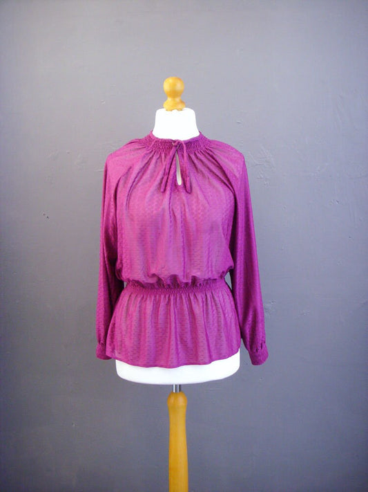 80s Magenta Sheer Blouse with Pussy Bow, Size Large