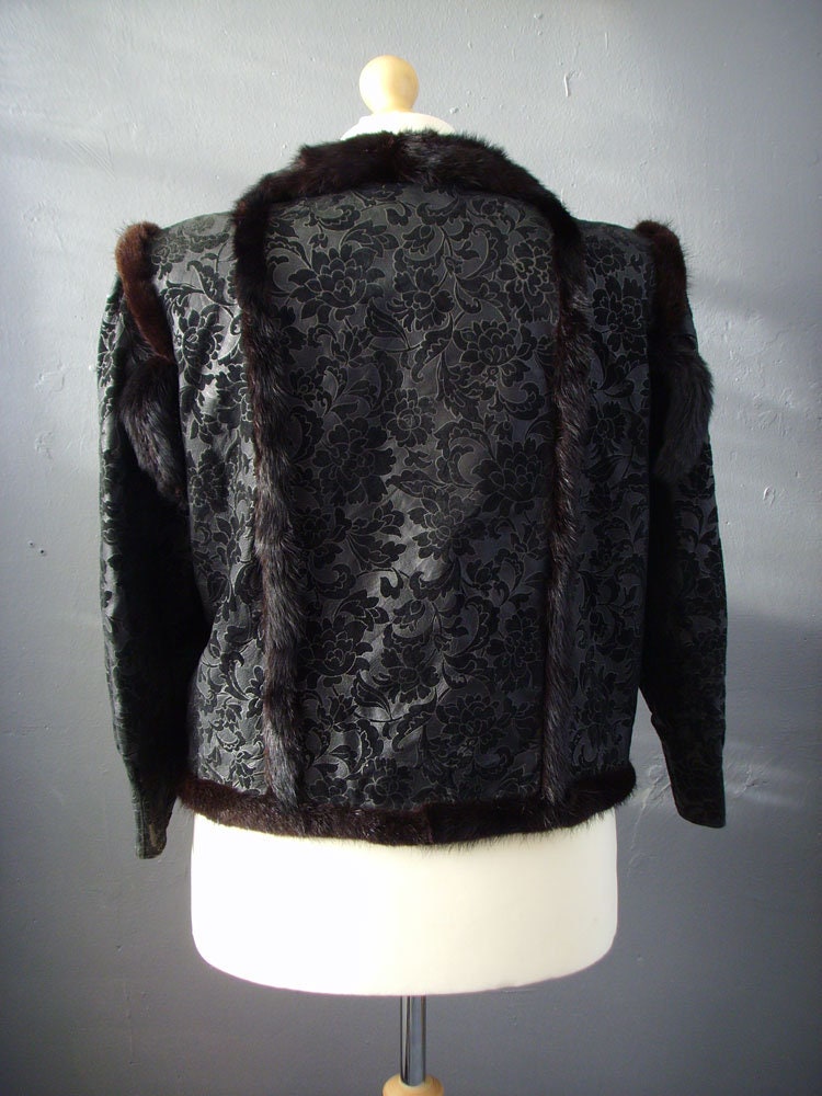 Mink Fur Trimmed Jacket, Vintage Floral Leather Short Coat, Plus Size