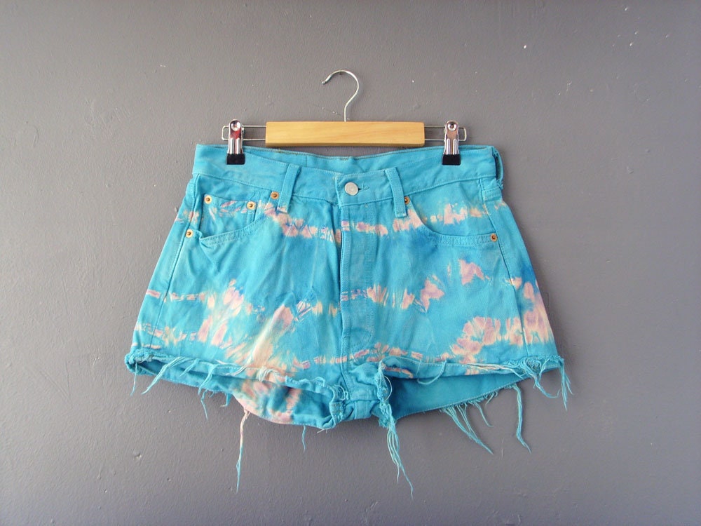 Tie Dye Denim Shorts, Aqua Blue Jean Cut Offs, 30 Waist