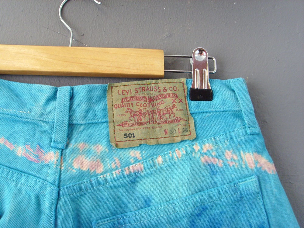 Tie Dye Denim Shorts, Aqua Blue Jean Cut Offs, 30 Waist