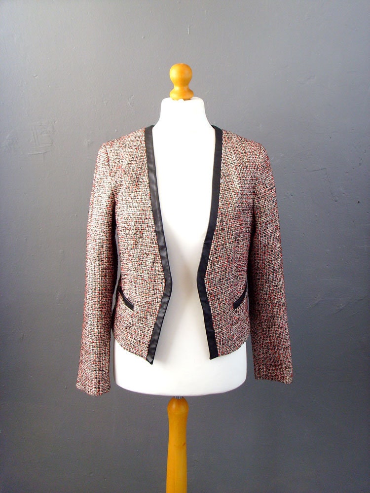 90s Phildar Tweed Jacket, Collarless Dress Blazer with Vegan Leather, Size Large