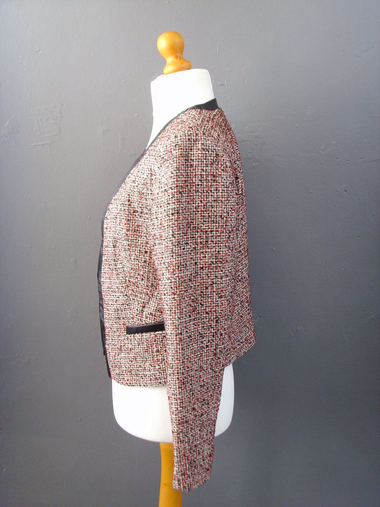 90s Phildar Tweed Jacket, Collarless Dress Blazer with Vegan Leather, Size Large