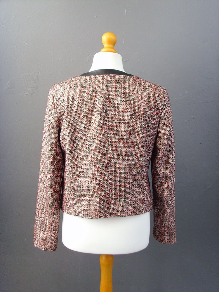 90s Phildar Tweed Jacket, Collarless Dress Blazer with Vegan Leather, Size Large