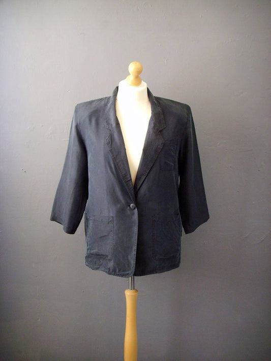 Minimalist Silk Jacket, 80s Short Sleeve Summer Blazer, Size Large to XL