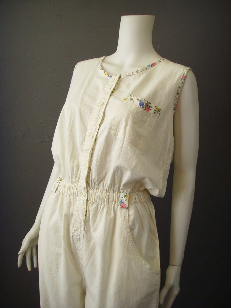 Ivory White Cotton Jumpsuit, 80s Sleeveless Summer One Piece, Size Medium