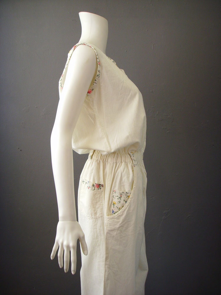 Ivory White Cotton Jumpsuit, 80s Sleeveless Summer One Piece, Size Medium