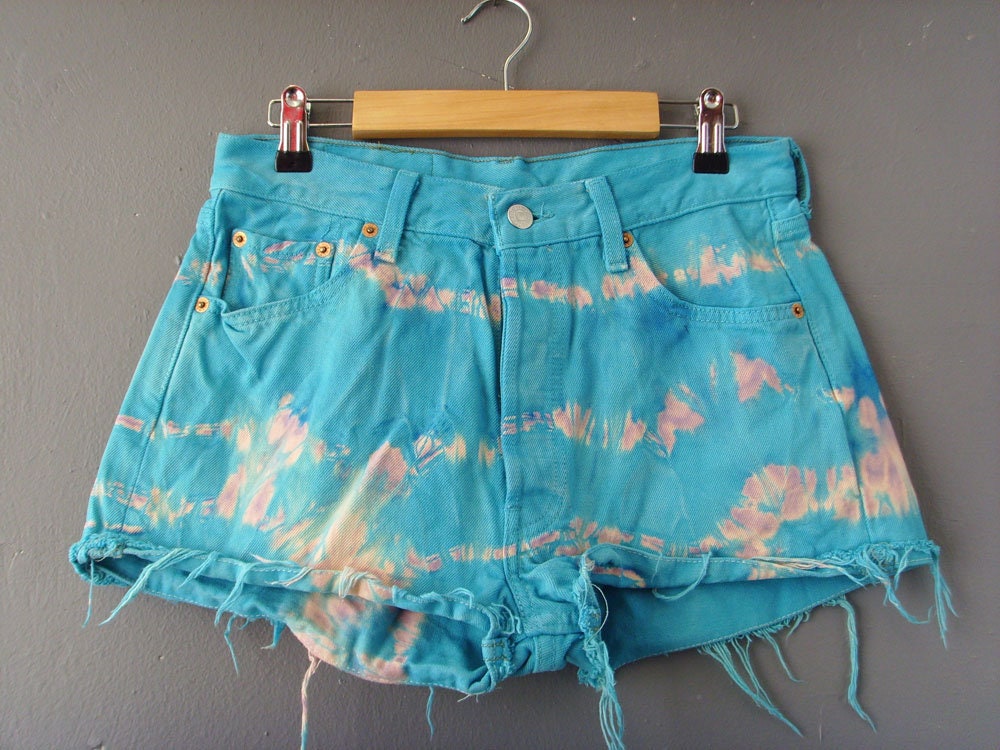 Tie Dye Denim Shorts, Aqua Blue Jean Cut Offs, 30 Waist