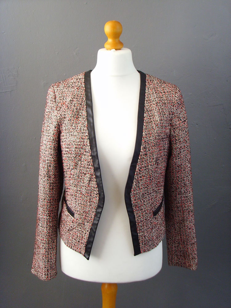 90s Phildar Tweed Jacket, Collarless Dress Blazer with Vegan Leather, Size Large