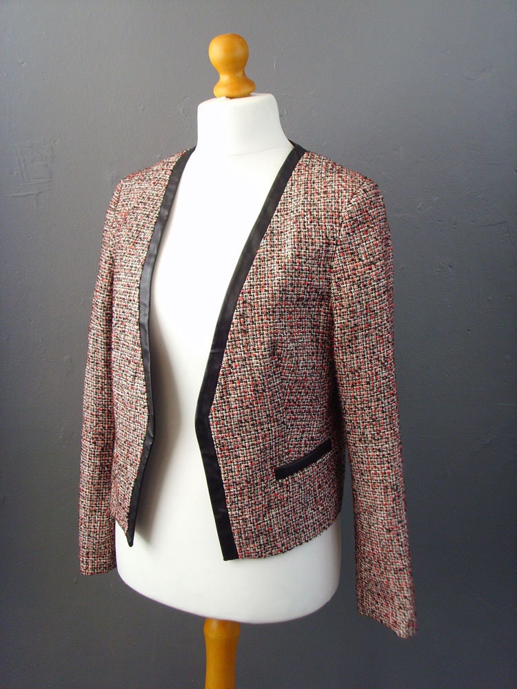 90s Phildar Tweed Jacket, Collarless Dress Blazer with Vegan Leather, Size Large