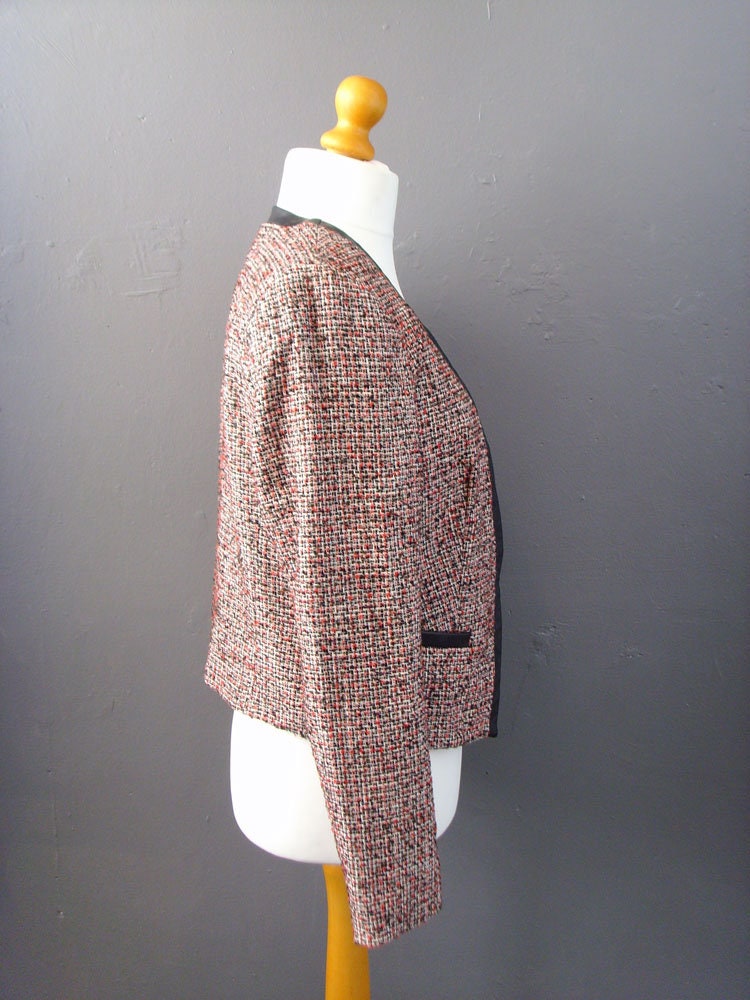 90s Phildar Tweed Jacket, Collarless Dress Blazer with Vegan Leather, Size Large