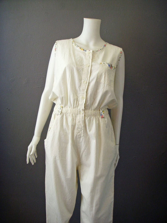 Ivory White Cotton Jumpsuit, 80s Sleeveless Summer One Piece, Size Medium