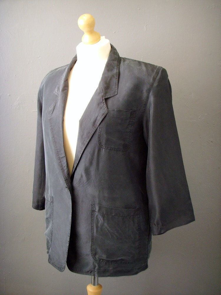 Minimalist Silk Jacket, 80s Short Sleeve Summer Blazer, Size Large to XL