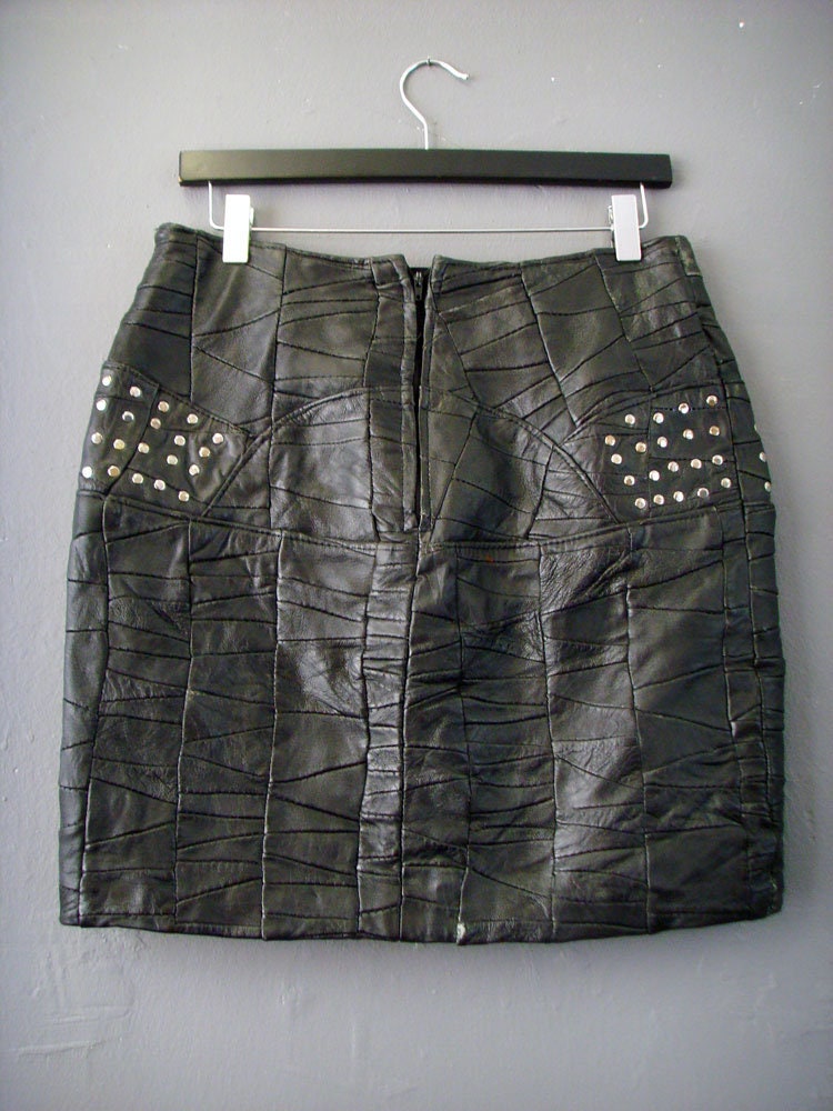 Patchwork Leather Skirt, 80s Apocalyptic Rock Chick, Gothic Miniskirt, Size Medium