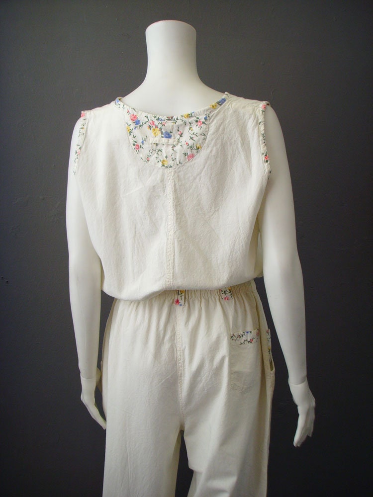 Ivory White Cotton Jumpsuit, 80s Sleeveless Summer One Piece, Size Medium