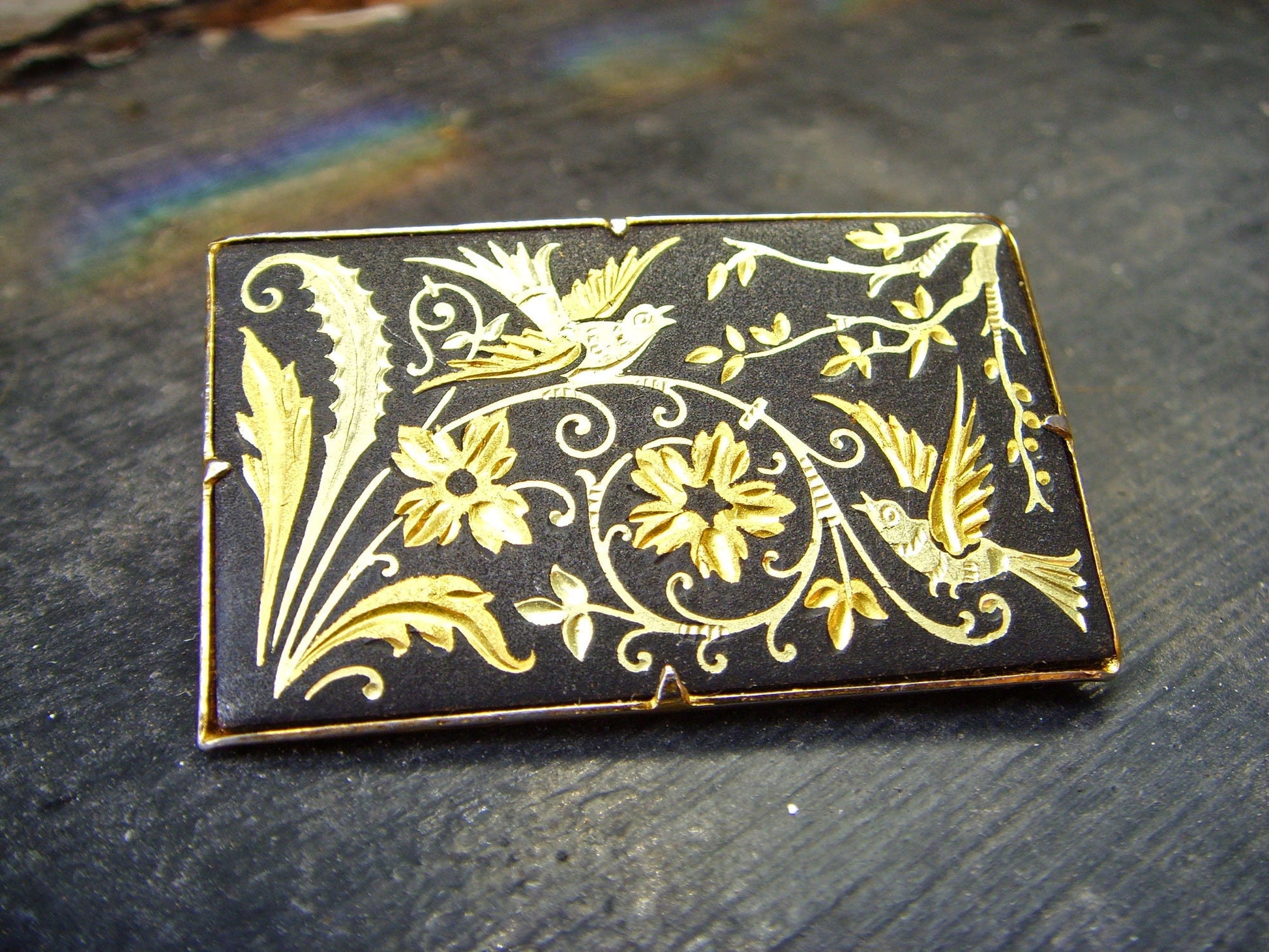 Spanish Damascene Bird Brooch, Gold Inlaid Rectangle Pin