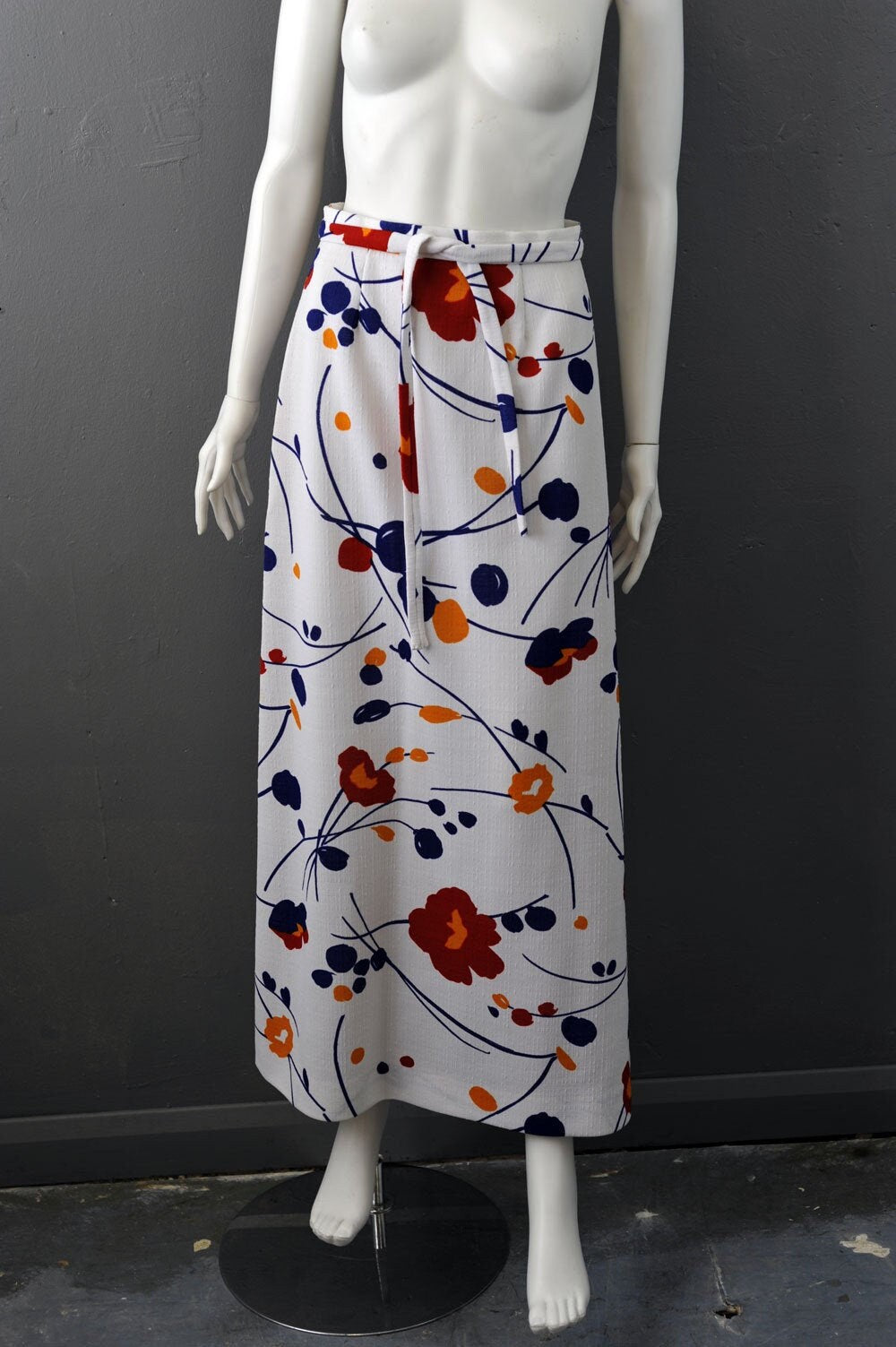 70s Chic Maxi Skirt, Ankle Length Stylised Cherry Blossom, Abstract Floral, Size Small