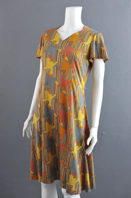 70s Psychedelic Houndstooth Dress, Abstract Eastex Day Dress, Size Medium