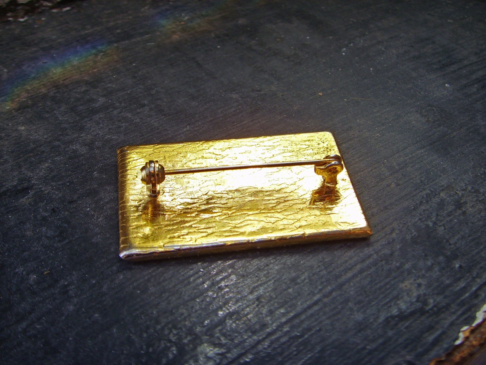 Spanish Damascene Bird Brooch, Gold Inlaid Rectangle Pin