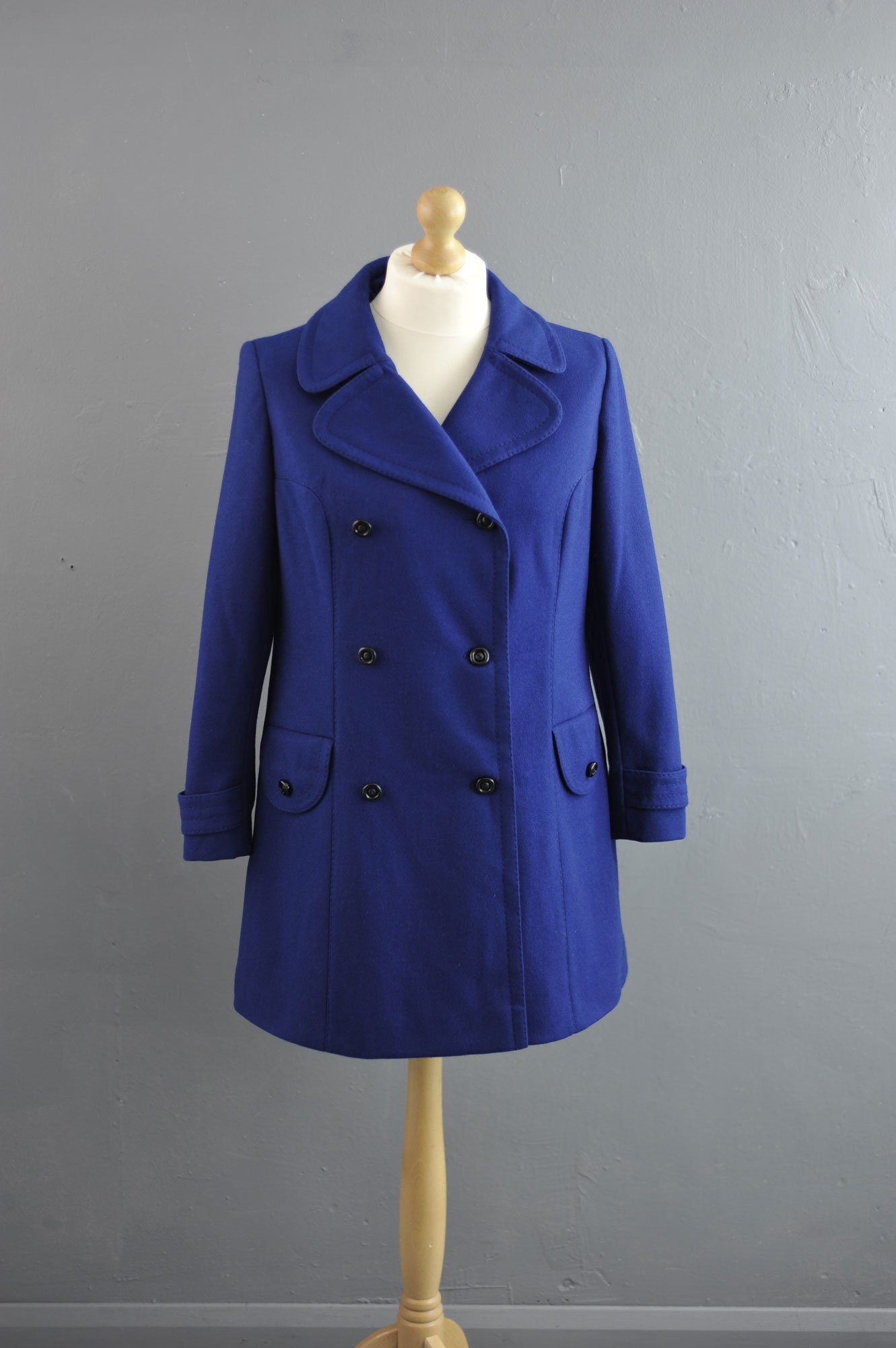 80s Blue Wool Pea Coat, Size Medium Large