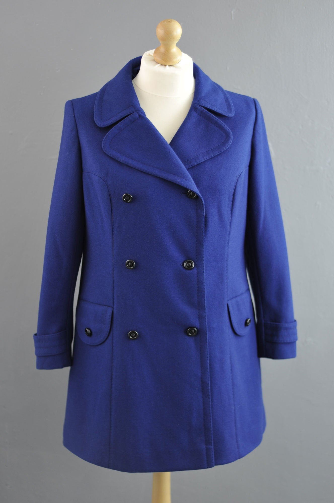 80s Blue Wool Pea Coat, Size Medium Large