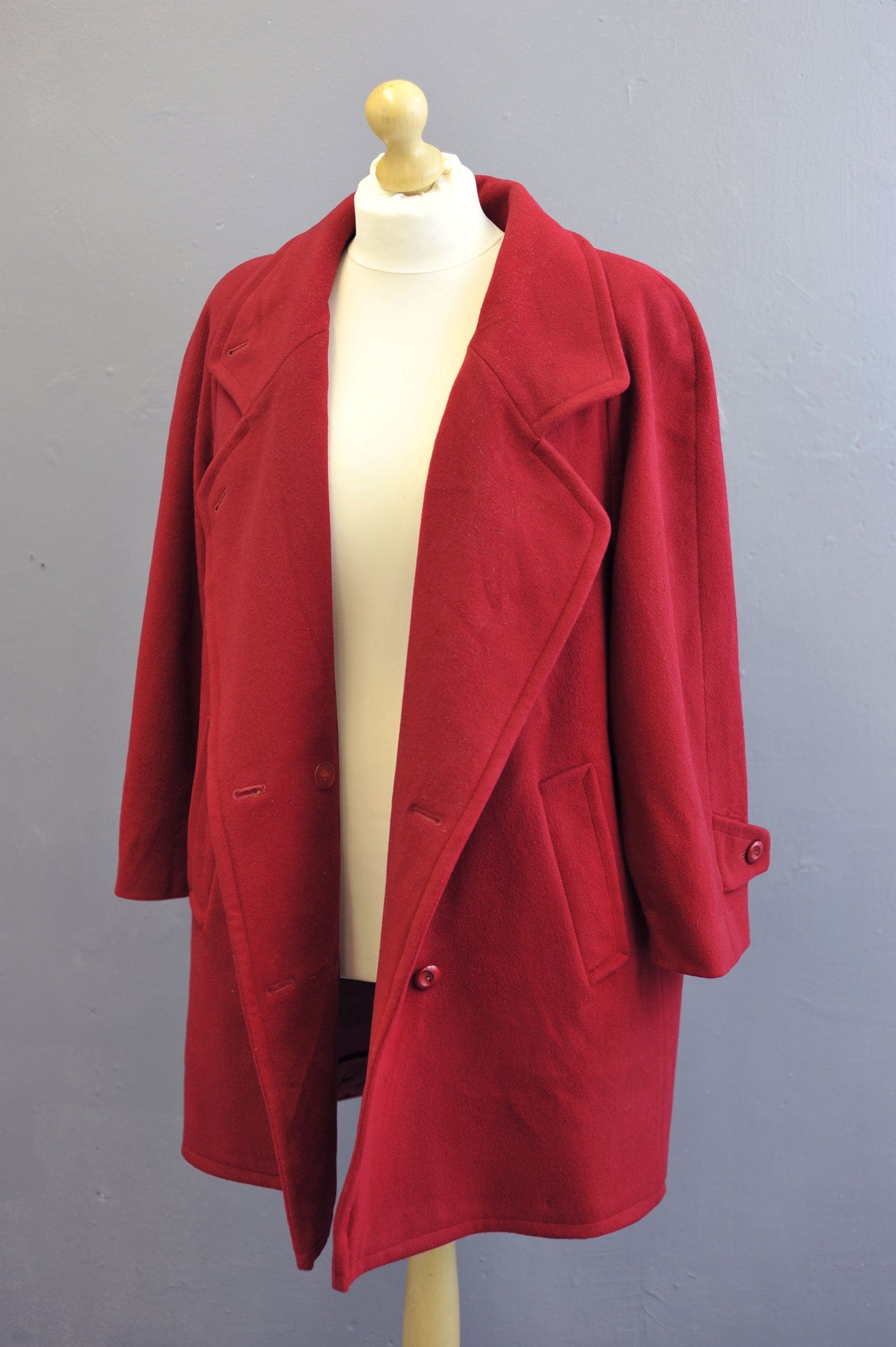 80s Scarlet Wool Blend Coat, Oversized Double Breasted Overcoat, Plus Size