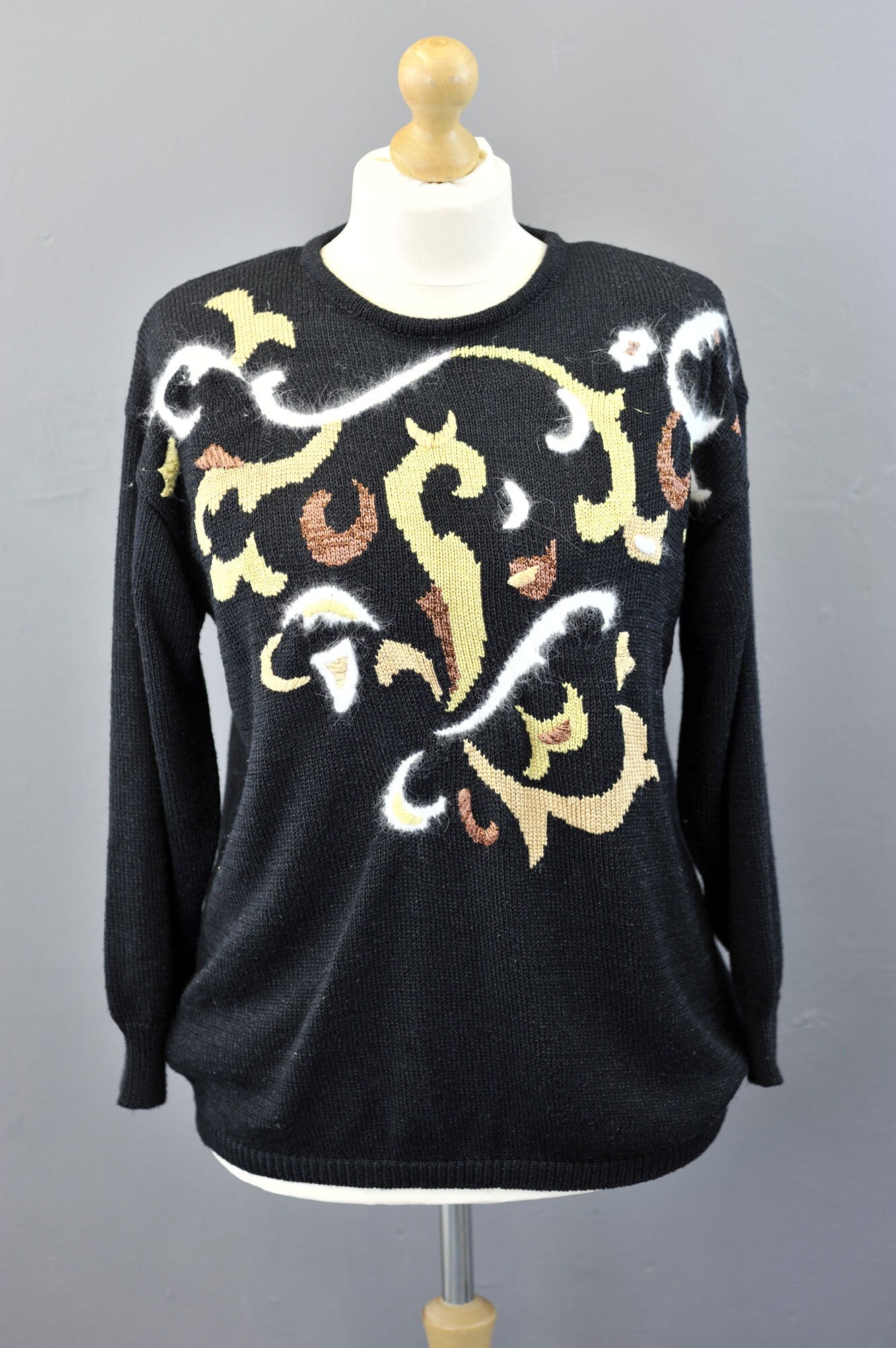 80s Sweater with Angora Curlicue Design, Kitsch Festive Flourish, Size Large XL